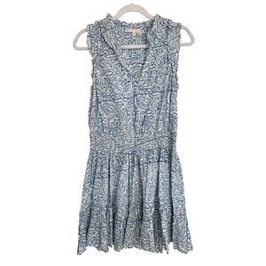Anna Cate Tuckernuck Morgan Mini Smocked Blue White Block Print Ruffle Dress M